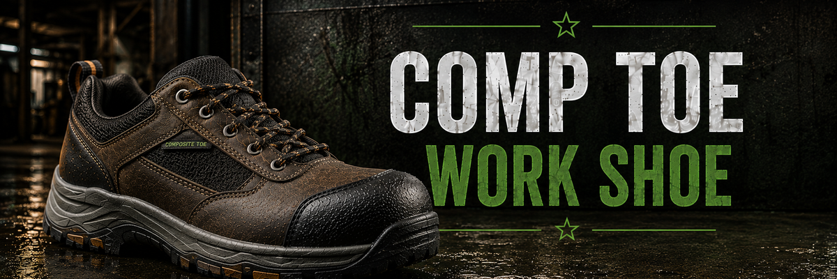 A brown and black work shoe shown on a wet dark floor next to large text reading 'COMP TOE WORK SHOE' on a dark textured background.