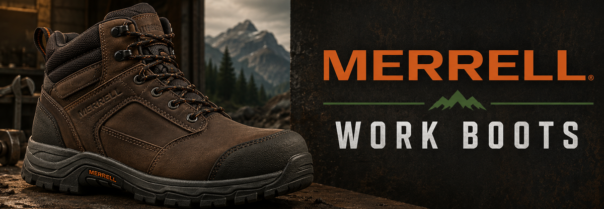 A brown leather work boot by Merrell displayed on a rustic wooden surface, with a mountain landscape visible in the background and the Merrell Work Boots logo on the right side of the image.