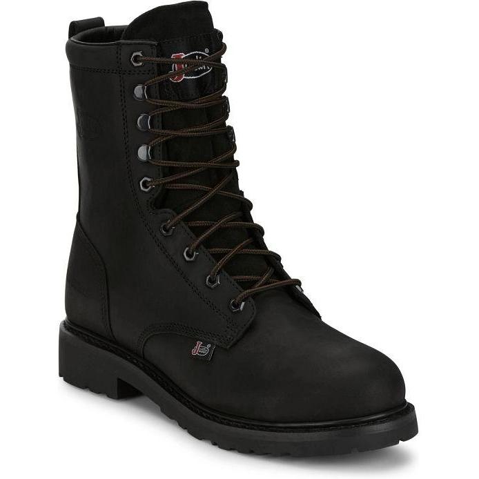 Justin Men's Truckton 8" Steel Toe Waterproof Lace Up Work Boot- Black- SE636 7.0 / Medium / Black - Overlook Boots