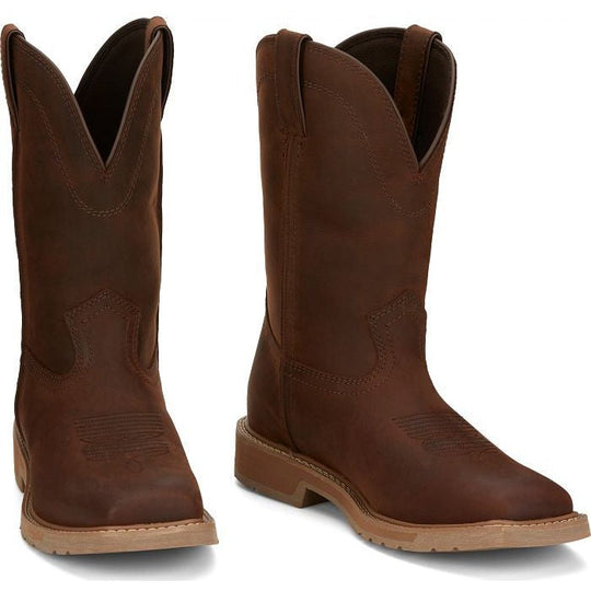 Justin Men's Buster 11" Square Toe Pull On Western Work Boot -Brown- SE3100 - Overlook Boots