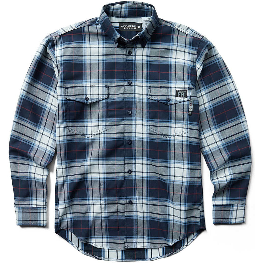 Wolverine Men's Flame Resistant Plaid Long Sleeve Twill Shirt - Navy - W1203980-417 Medium / Navy Plaid - Overlook Boots