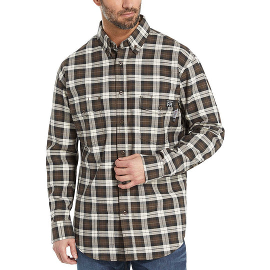 Wolverine Men's Flame Resistant Plaid Long Sleeve Twill Shirt - Espresso - W1203980-206 - Overlook Boots