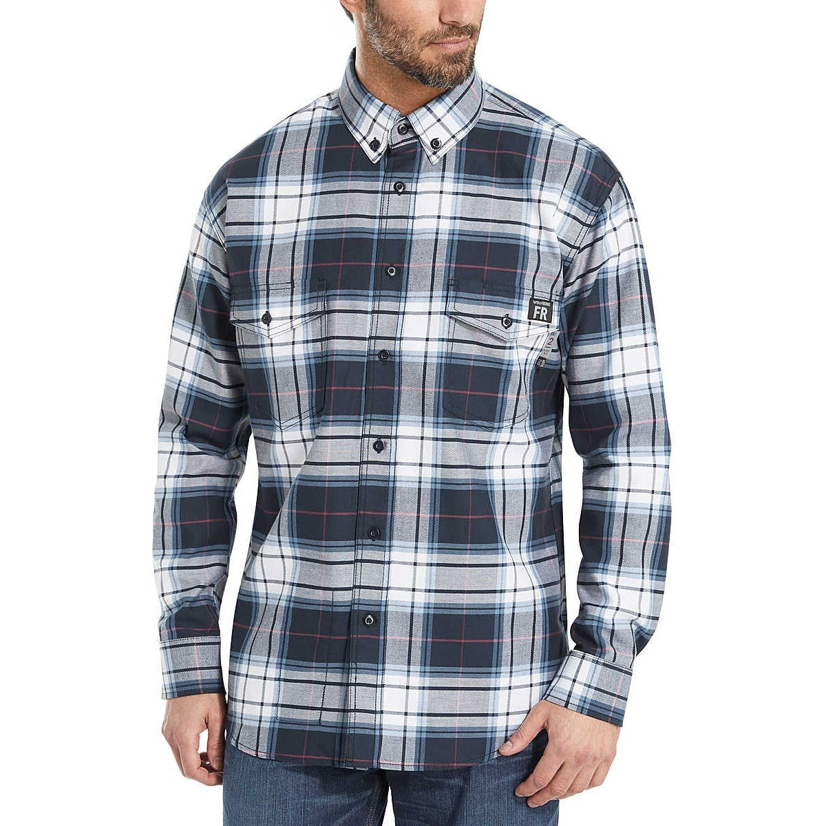 Wolverine Men's Flame Resistant Plaid Long Sleeve Twill Shirt - Navy - W1203980-417 - Overlook Boots