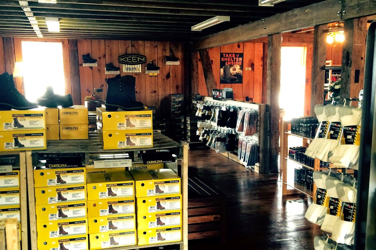 Inside the Overlook Boots barn in Glen Rock, PA – work boot displays on the original wood floor