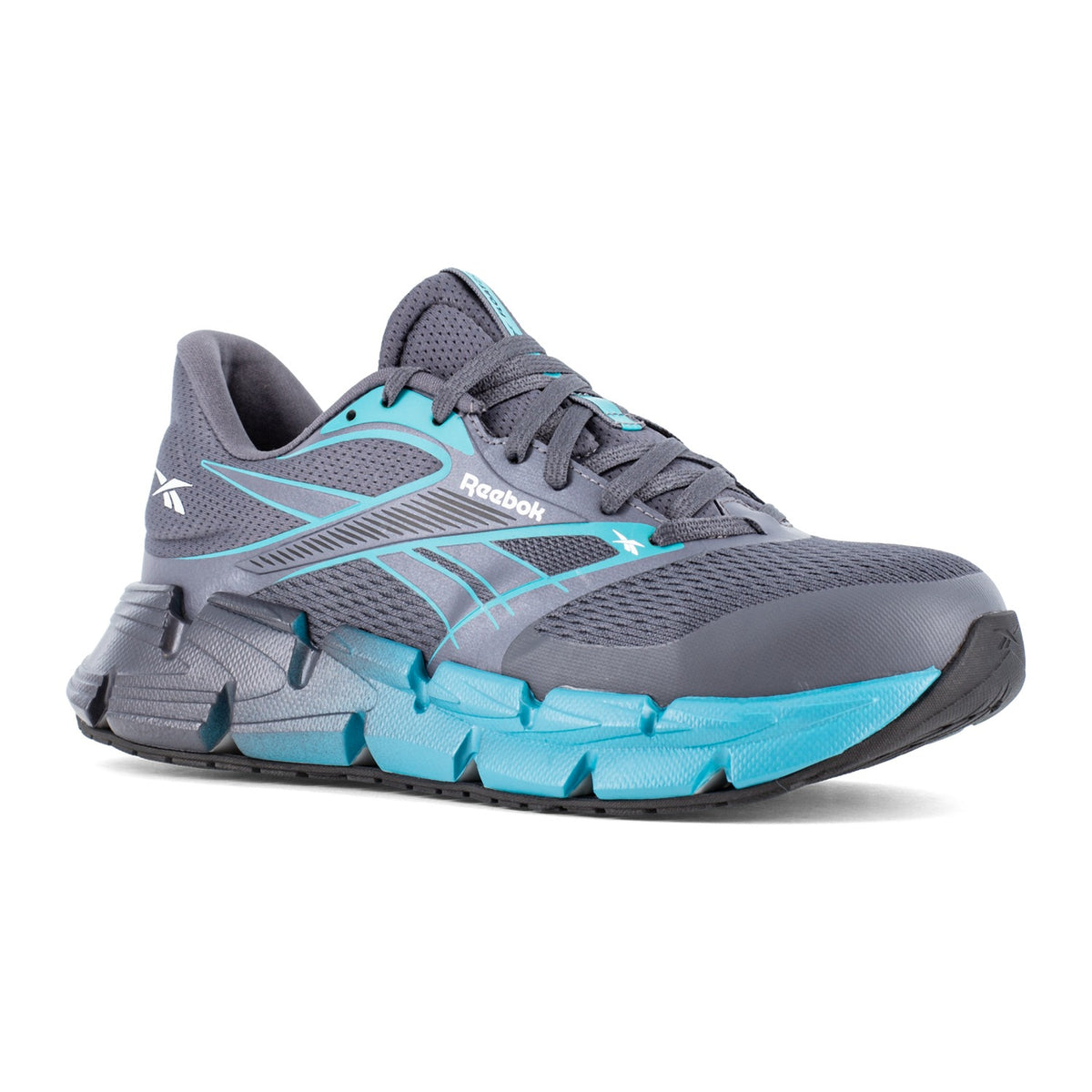 Reebok Women's FloatZig 2 Composite Toe Static Dissipative Athletic Work Shoe - Dark Gray and Blue - RB133 - Front Angle - Overlook Boots