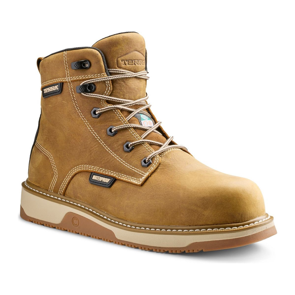 Terra Men's Ironstone Round Toe 6" Composite Toe Waterproof Safety Work Boot - Tan - 1162TN - Front Angle - Overlook Boots