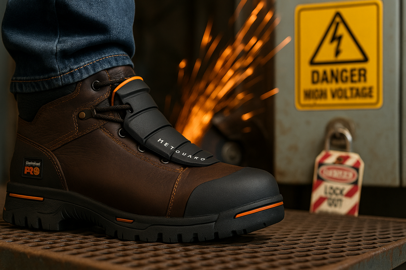 Timberland PRO Endurance 6" MetGuard EH boot on a steel grate as grinder sparks fly; high-voltage cabinet and lockout tag behind.