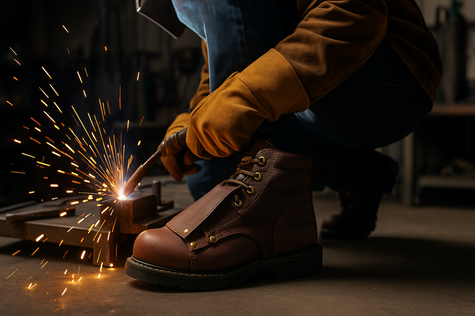 A welder works in a dim industrial shop wearing the best welding work boots, with visible sparks and protective gear highlighting safety, durability and heat resistance.
