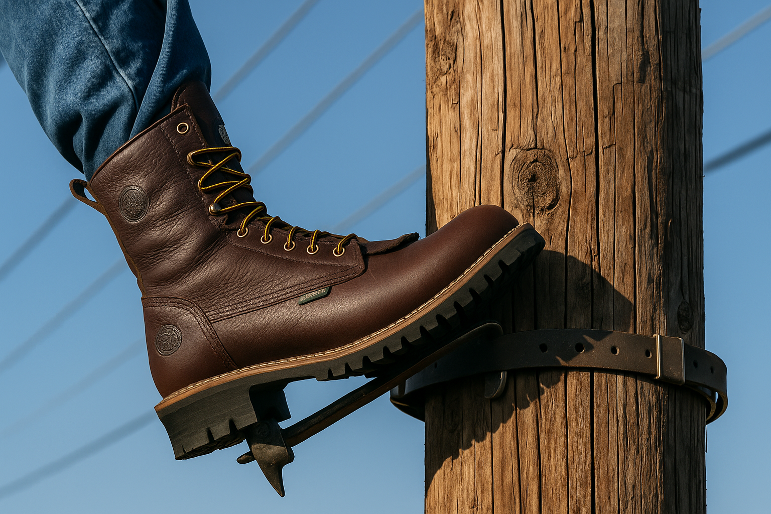 A lineman climbs a wooden utility pole wearing rugged brown leather lineman boots with metal climbing spurs, captured against a clear blue sky.