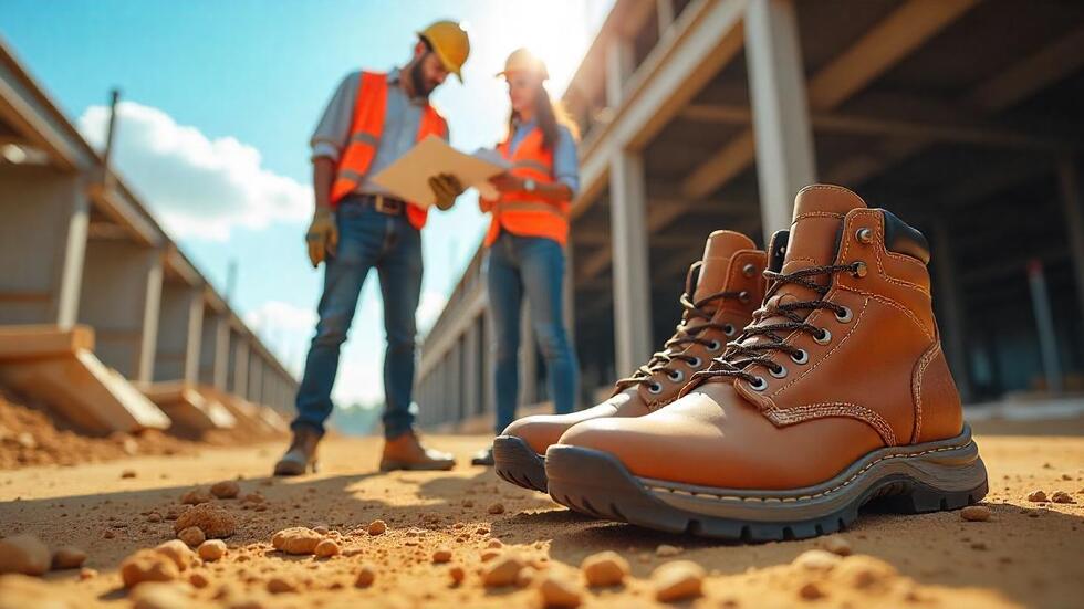 A pair of work boot designed for warm-weather performance in a construction site with workers in the background.