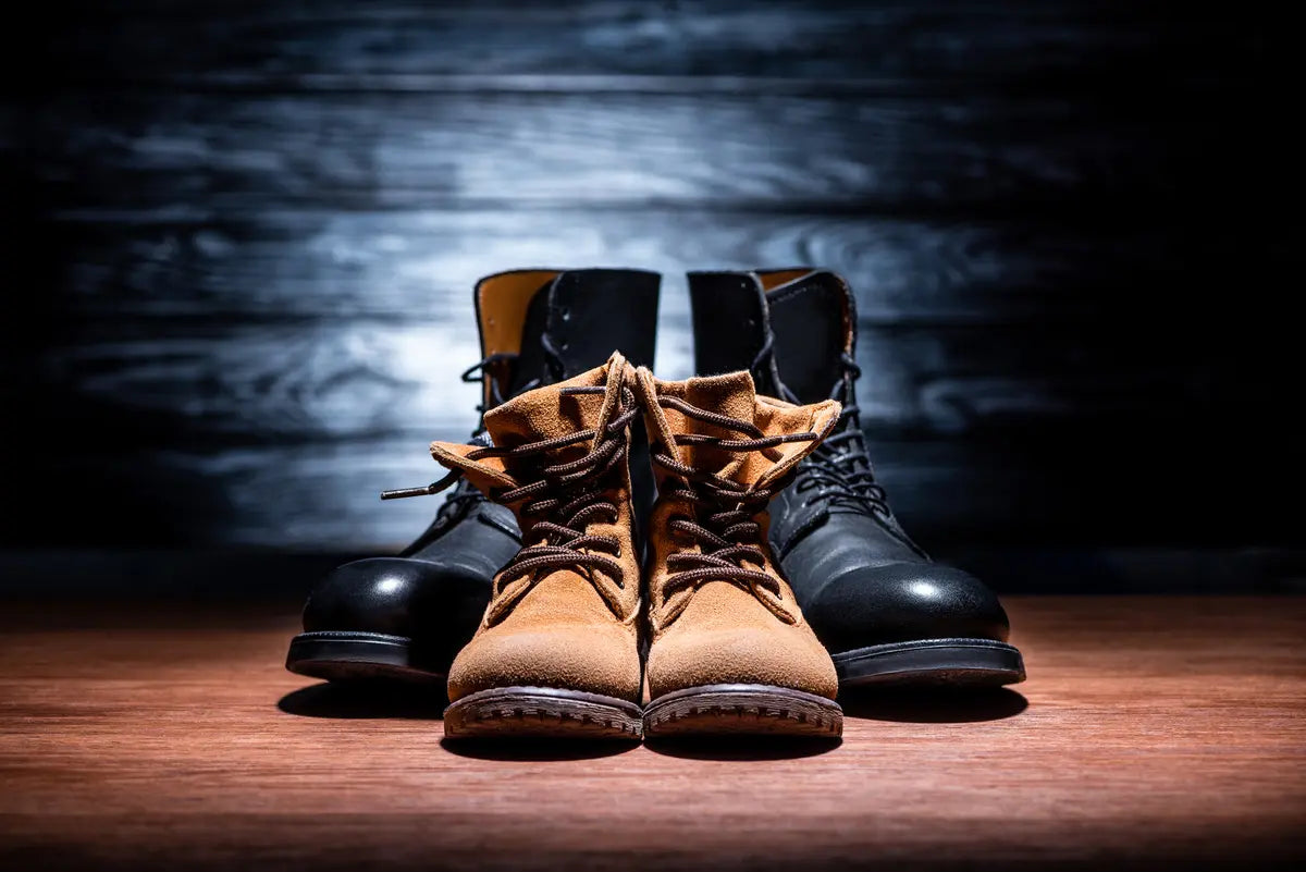 close-up shot of vintage leather boots on wooden surface, faux vs real leather boots