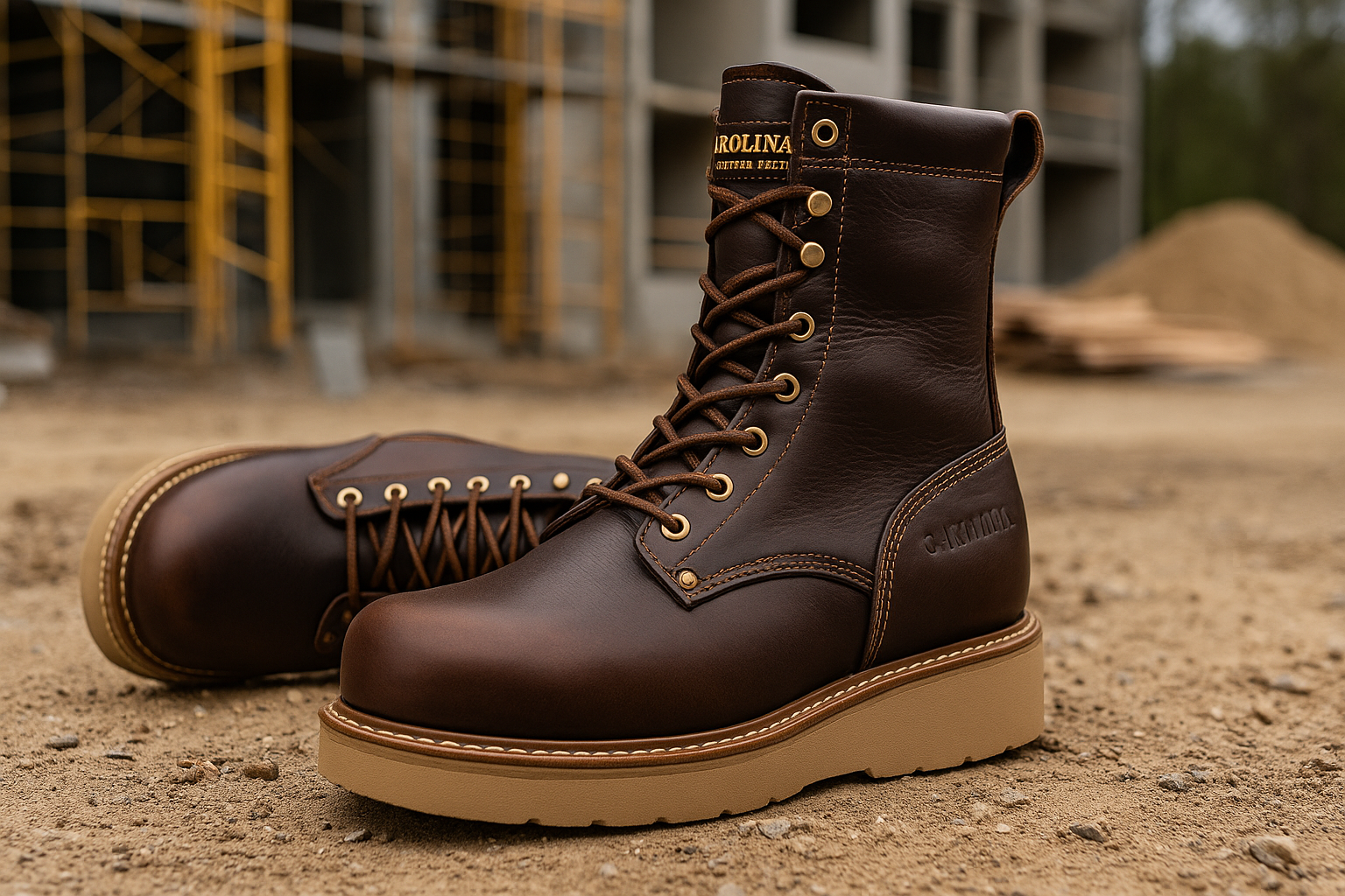 Pair of brown leather lace-up work boots on a dirt lot at a construction site.
