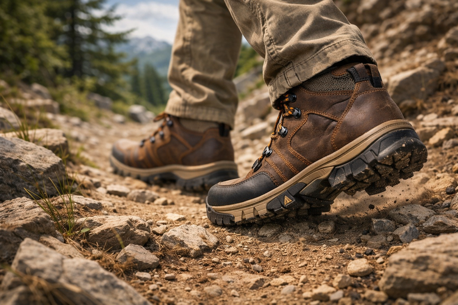 Hiker wearing rugged brown hiking boots climbing a rocky forest trail, showing durable soles and traction designed for outdoor work and long hikes.