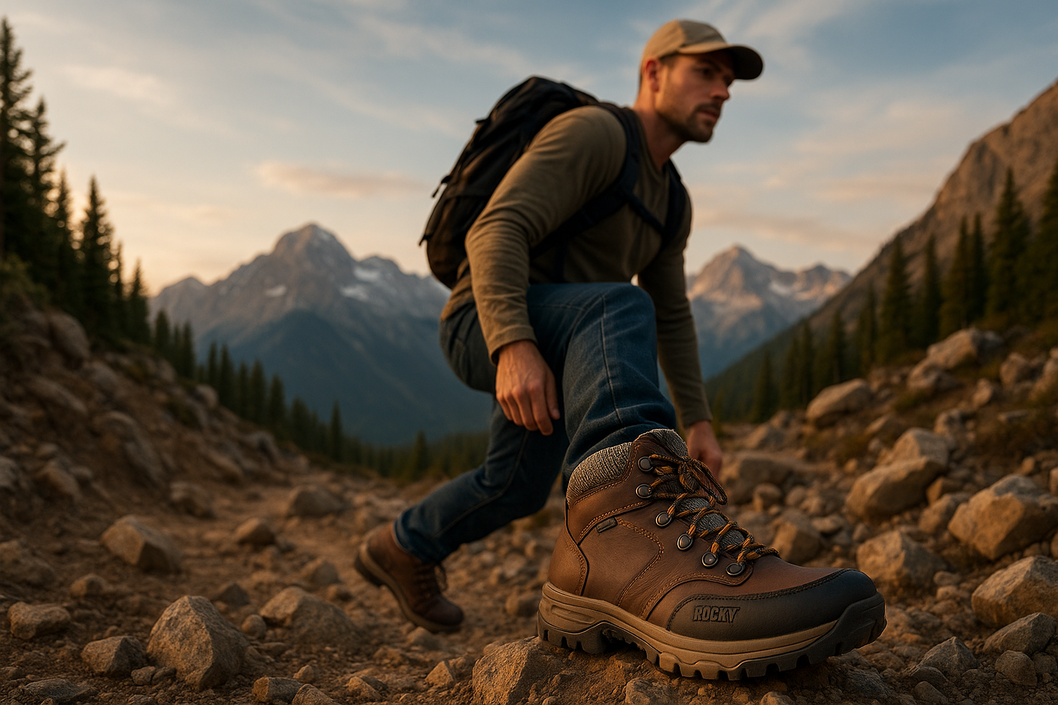 Hiker wearing brown Rocky hiking boots on a rocky mountain trail at sunset, highlighting rugged sole grip and ankle support.