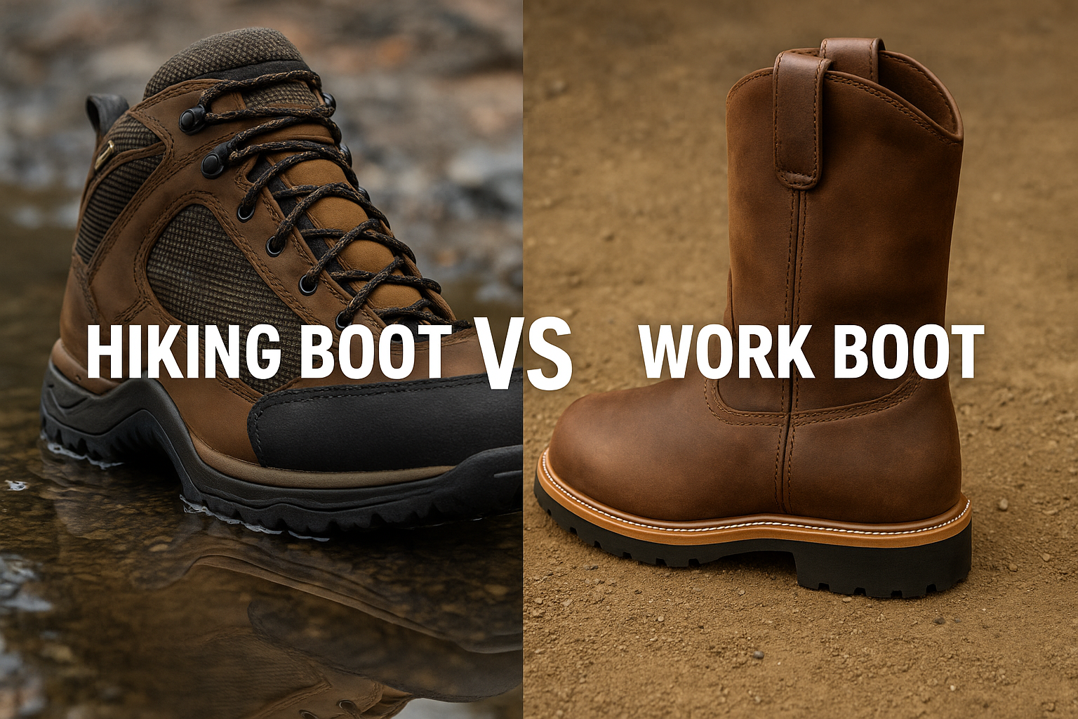 Split image showing a hiking boot by water and a work boot on dirt, with text “Hiking Boot vs Work Boot”.