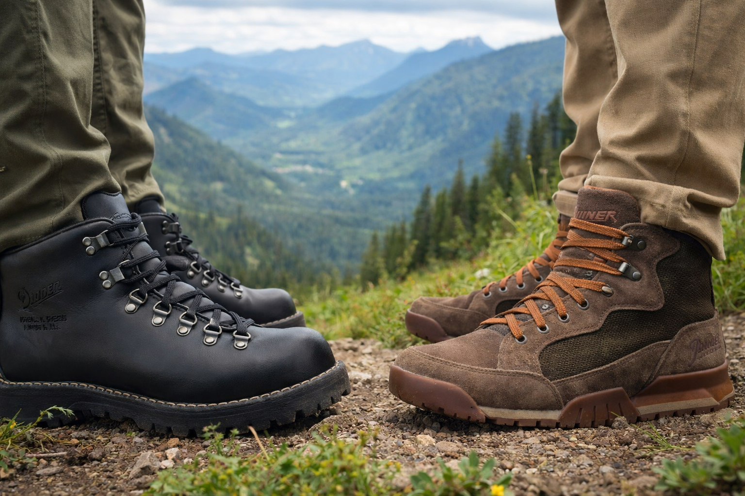 Close-up of two hikers wearing black leather hiking boots and brown hiking shoes on a lush mountain trail with scenic valley view in the background.