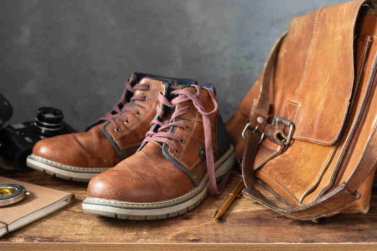 old travel vintage leather boots shoes and leather bag