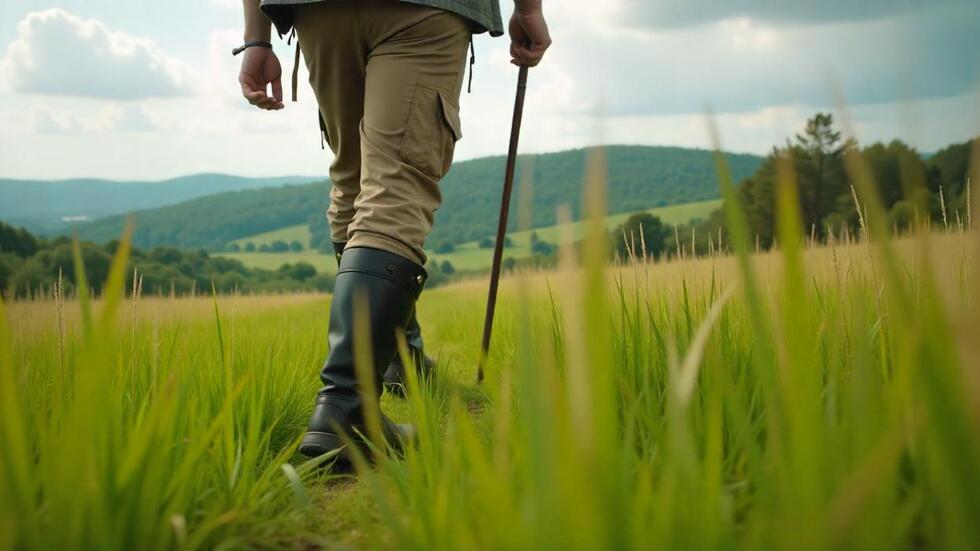 Man wearing snake proof boots walking through tall grass in the countryside with hills in the background.