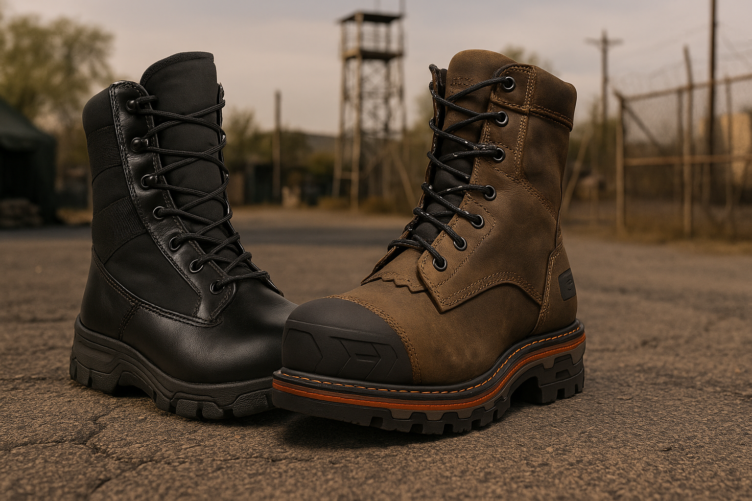 Side-by-side image of a soft toe and a composite toe tactical boot placed on rugged terrain with a military-style background, showcasing their design and build.