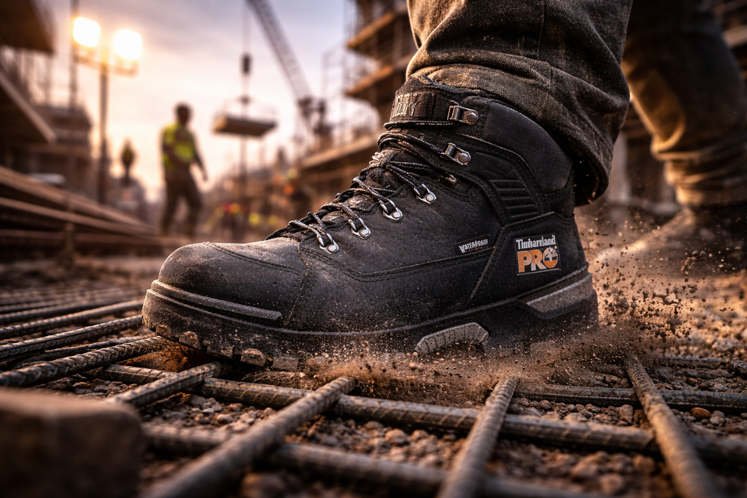 Timberland PRO safety toe work boot stepping on rebar at an active construction site