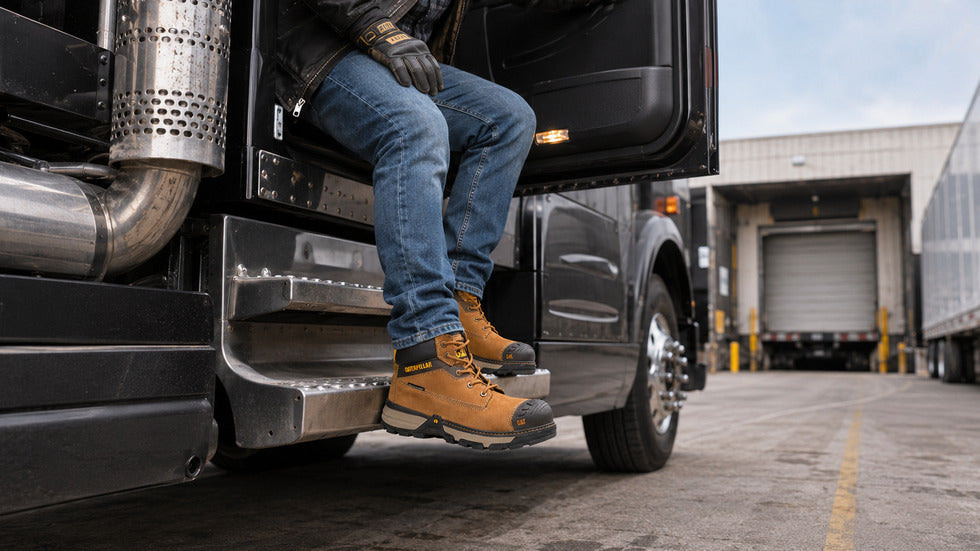 Trucker wearing tan work boots while stepping down from a semi truck at a loading dock.