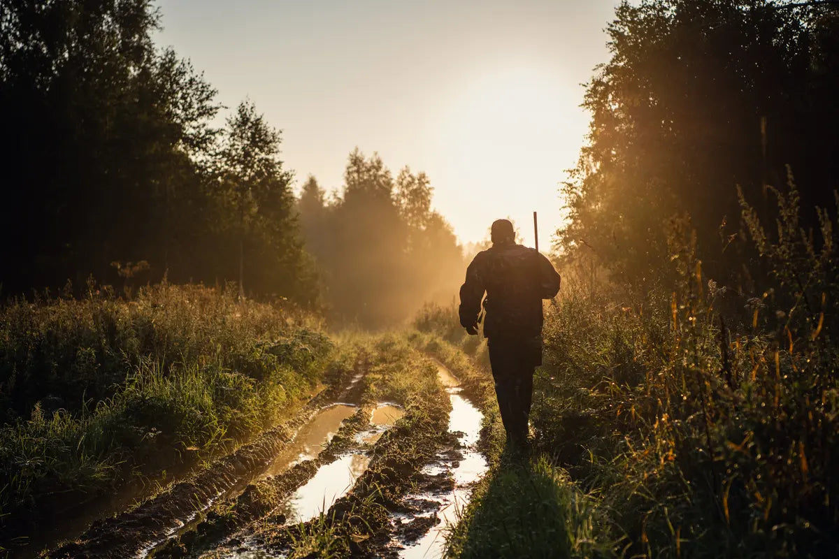 vintage hunter walks the forest road in hunter boots