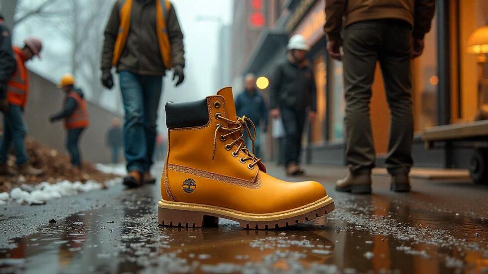 Close-up of a yellow Timberland 6-inch boot on a wet, icy street with construction workers in safety vests and hard hats walking in the background, symbolizing the boot’s rugged, blue-collar origins.