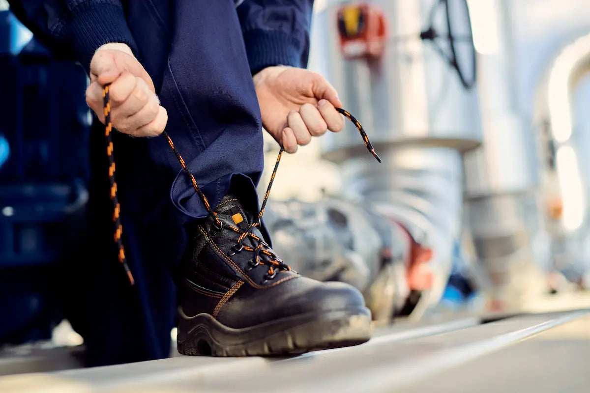 a worker ties the laces on his safety shoes