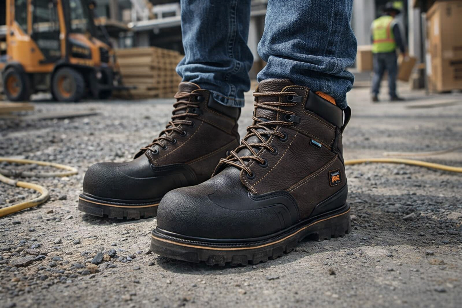 Steel toe work boots worn by a construction worker on a jobsite