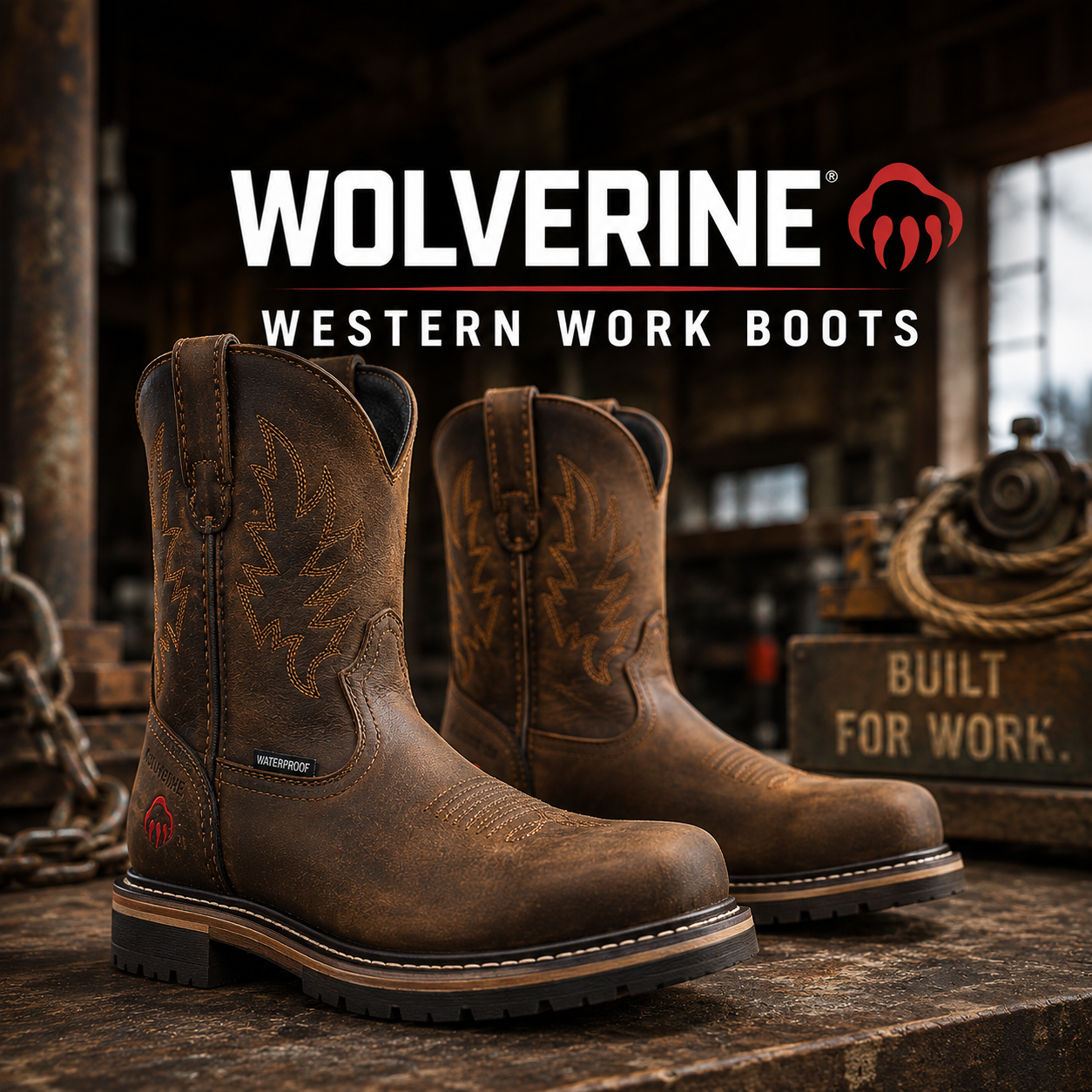 Wolverine Western Work Boots collection banner showing brown leather waterproof square toe pull-on boots with stitched shafts