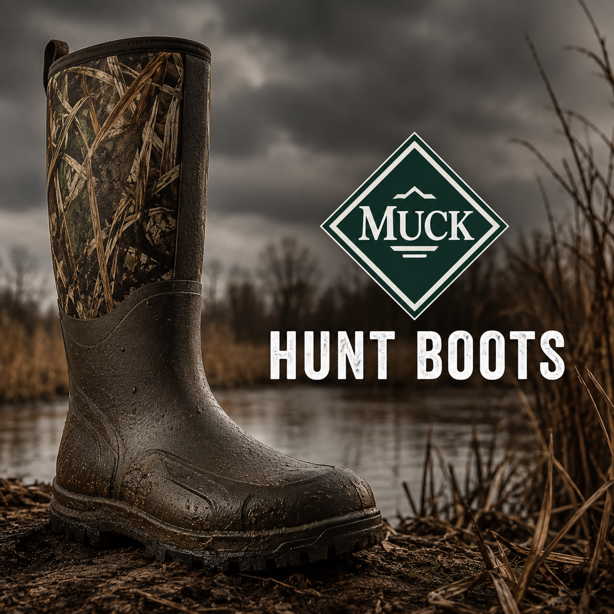 Muck Hunt Boots collection banner showing a tall camo neoprene and rubber pull-on hunting boot with lug outsole in a marsh