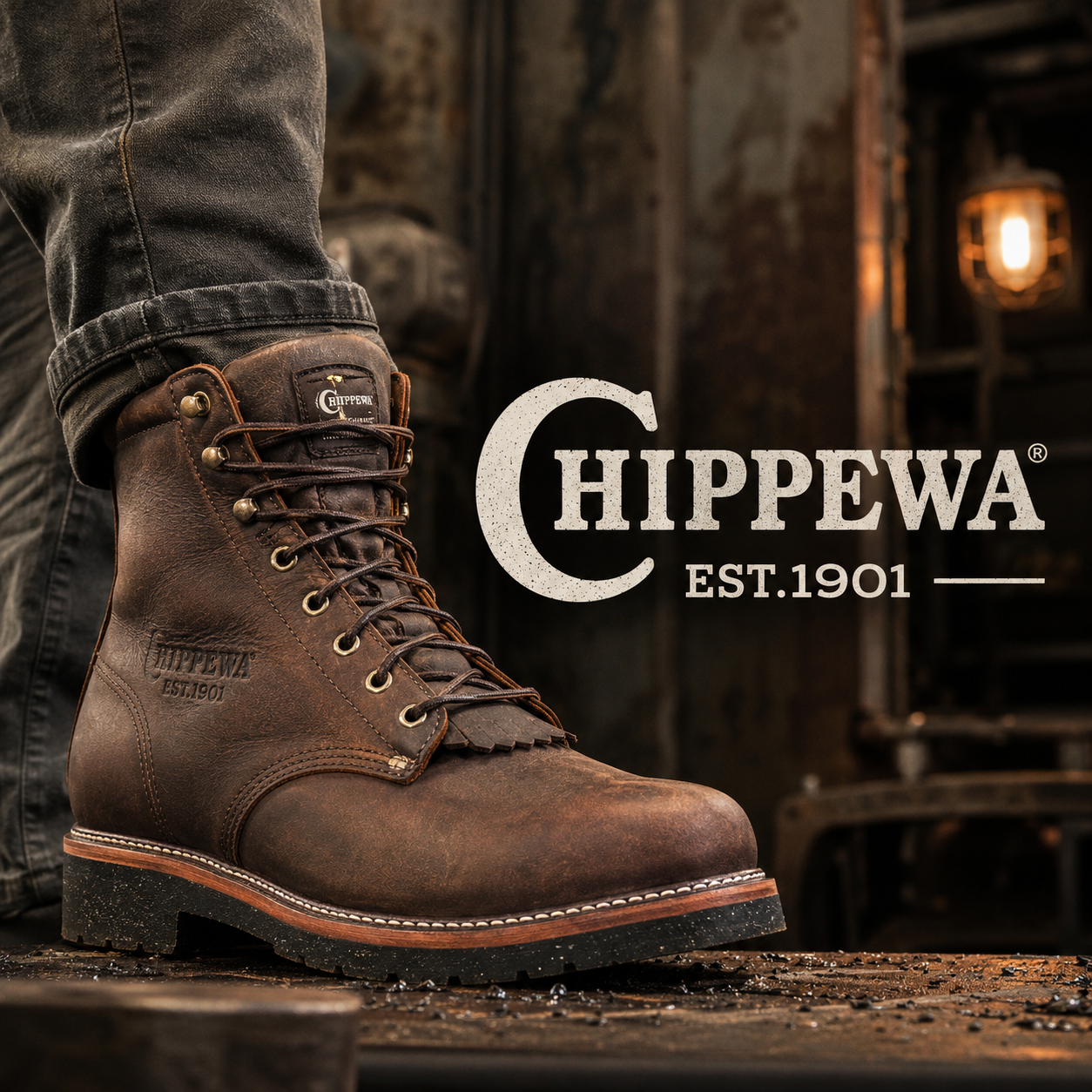 Chippewa work boots worn by man welding