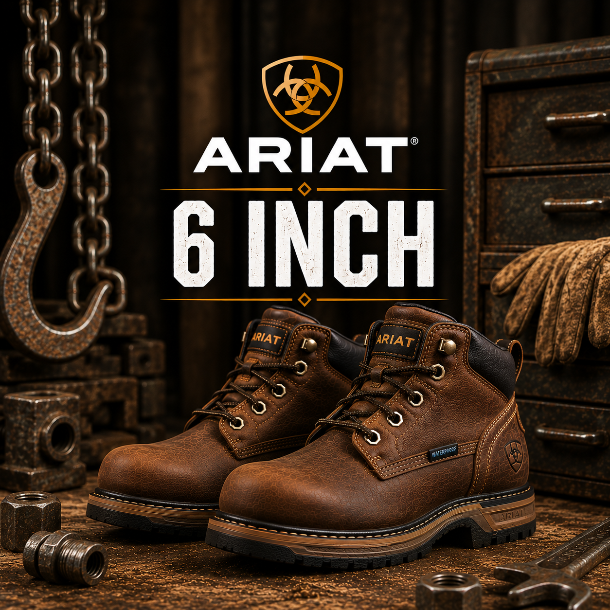 A pair of Ariat 6-inch work boots in brown leather, displayed on a rustic wooden workbench with heavy machinery and tools in the background. The Ariat logo and '6 INCH' text are prominently displayed in the center.