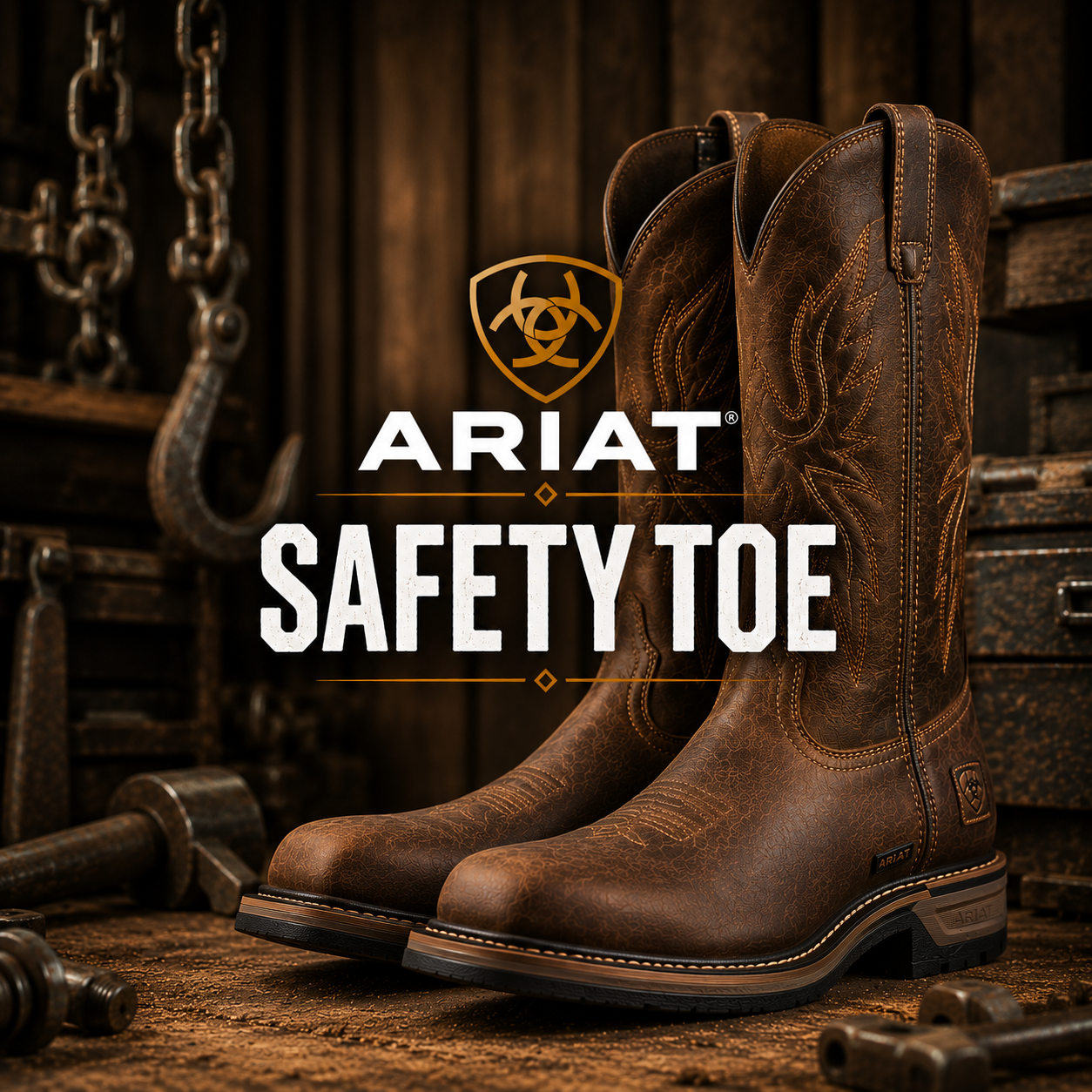 A pair of brown leather Ariat cowboy boots with western stitching, displayed on a rustic wooden workbench alongside tools and hardware, with the text 'ARIAT SAFETY TOE' and the Ariat shield logo.