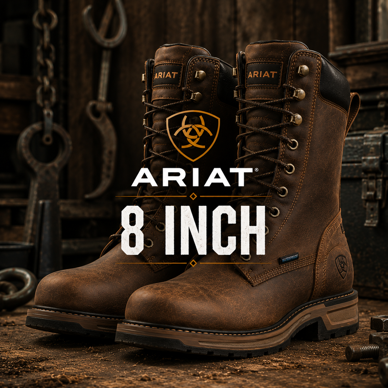 A pair of Ariat 8-inch work boots in dark brown leather, displayed on a rustic wooden surface with industrial props like a hook, chains, and tools. The Ariat logo and '8 INCH' text are prominently displayed in the center.