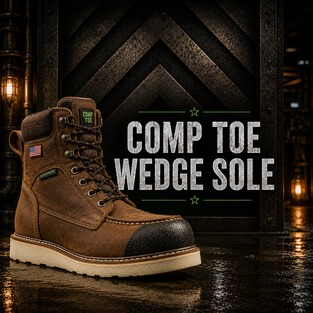 A brown leather work boot with a wedge sole, shown on a rustic wooden floor with promotional text reading 'COMP TOE WEDGE SOLE' on the right.