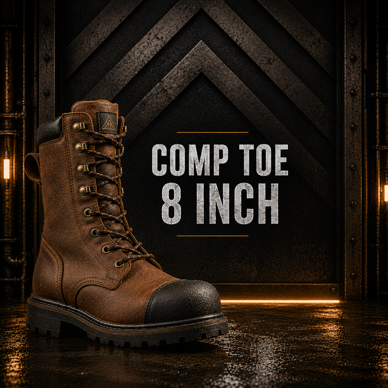 A brown leather Comp Toe 8-inch work boot is shown on a wet industrial floor with a large text overlay reading 'COMP TOE 8 INCH' on the right side.