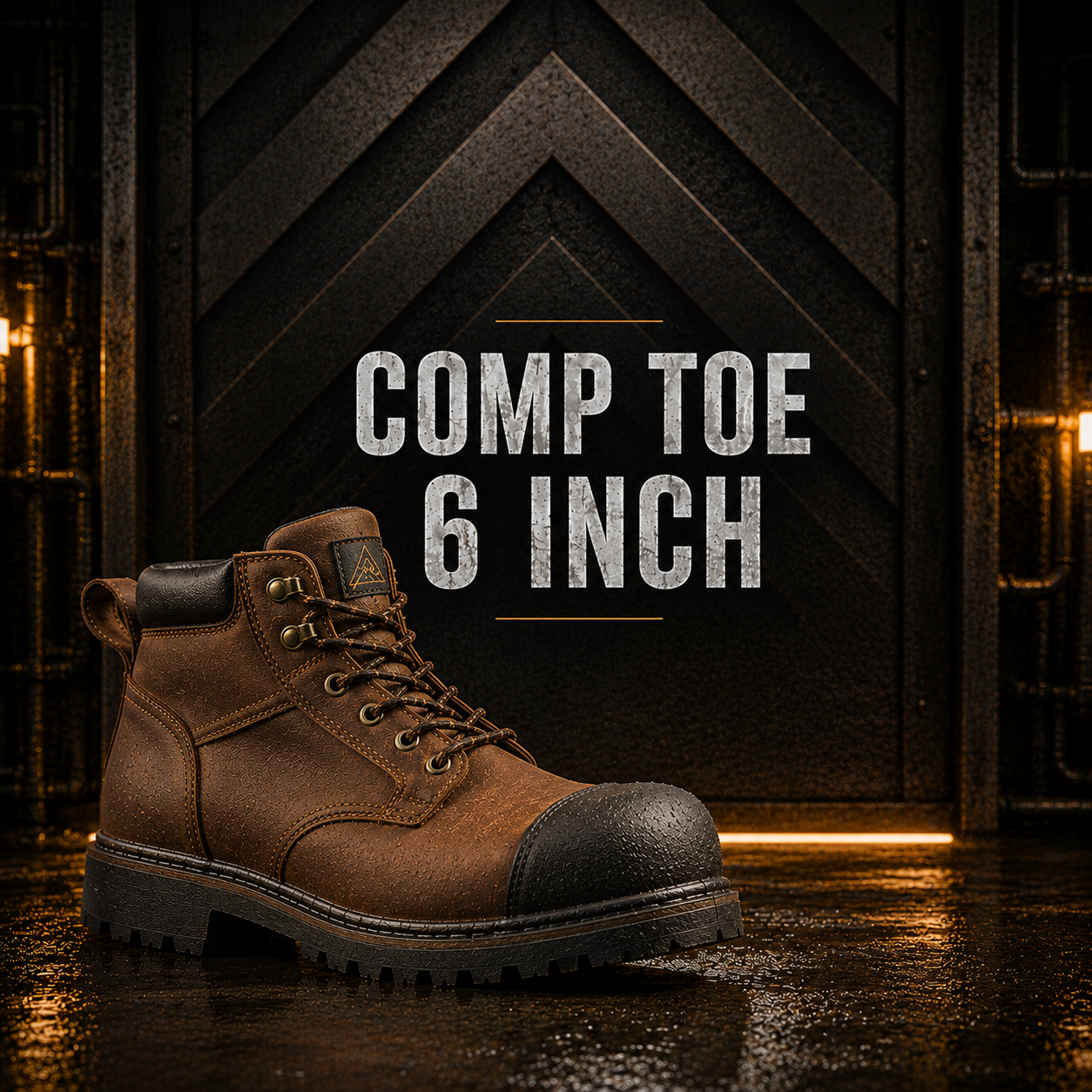 A brown leather work boot with a black toe cap and white midsole, shown in a dark industrial setting with large text reading 'COMP TOE 6 INCH'.