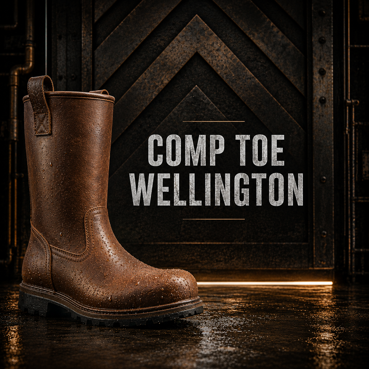 A brown leather Comp Toe Wellington work boot is shown in a dark industrial setting with wet concrete, alongside large text reading 'COMP TOE WELLINGTON'.