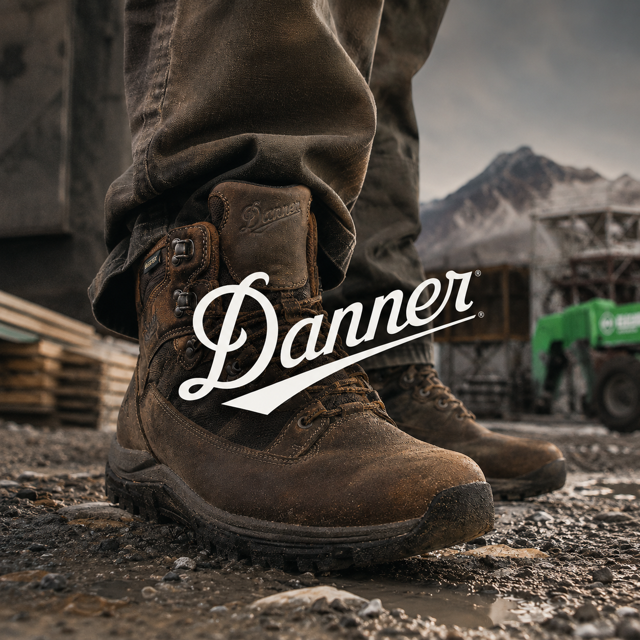 Danner work boots worn by man installing flooring