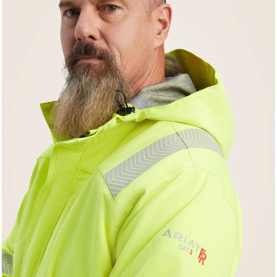 Ariat Men's FR Hi-Vis Hooded Waterproof Workwear Jacket Yellow - 10041788 - Overlook Boots