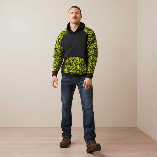 Ariat Men's Flame Resistant DuraStretch Patriot Workwear Hoodie Black - 10046610 Small / Black/Lime Camo / Standard - Overlook Boots