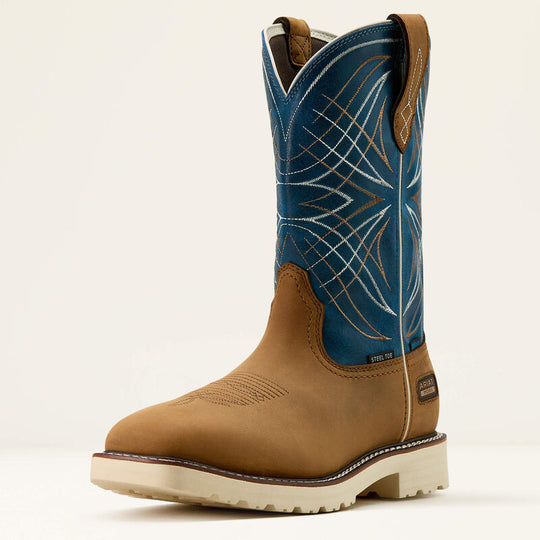 Ariat Men's Activator 11" Steel Toe Waterproof Western Work Boot- Brown/Blue- 10060893 - Overlook Boots