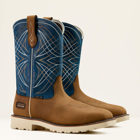 Ariat Men's Activator 11" Steel Toe Waterproof Western Work Boot- Brown/Blue- 10060893 - Overlook Boots