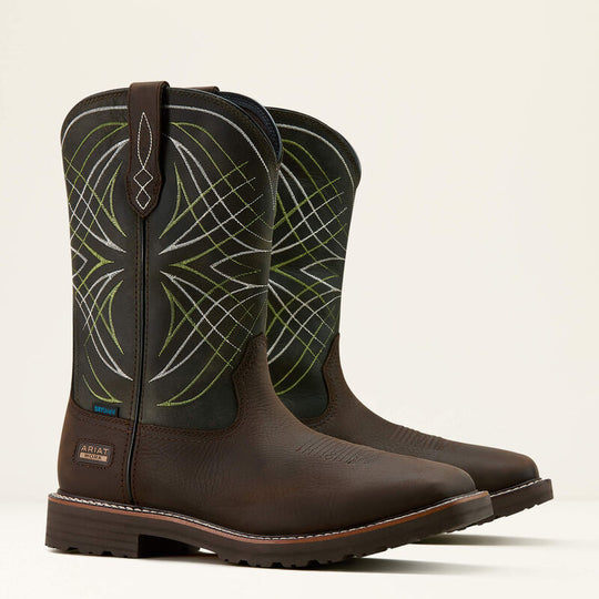 Ariat Men's Activator 11" Square Toe Waterproof Western Work Boot- Brown/Green- 10060894 - Overlook Boots