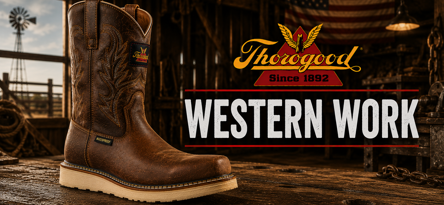 A brown leather western work boot with decorative stitching and a thick off-white sole, displayed on a rustic wooden surface in a barn setting. The Thoregood Western Work logo is prominently displayed in the upper right.