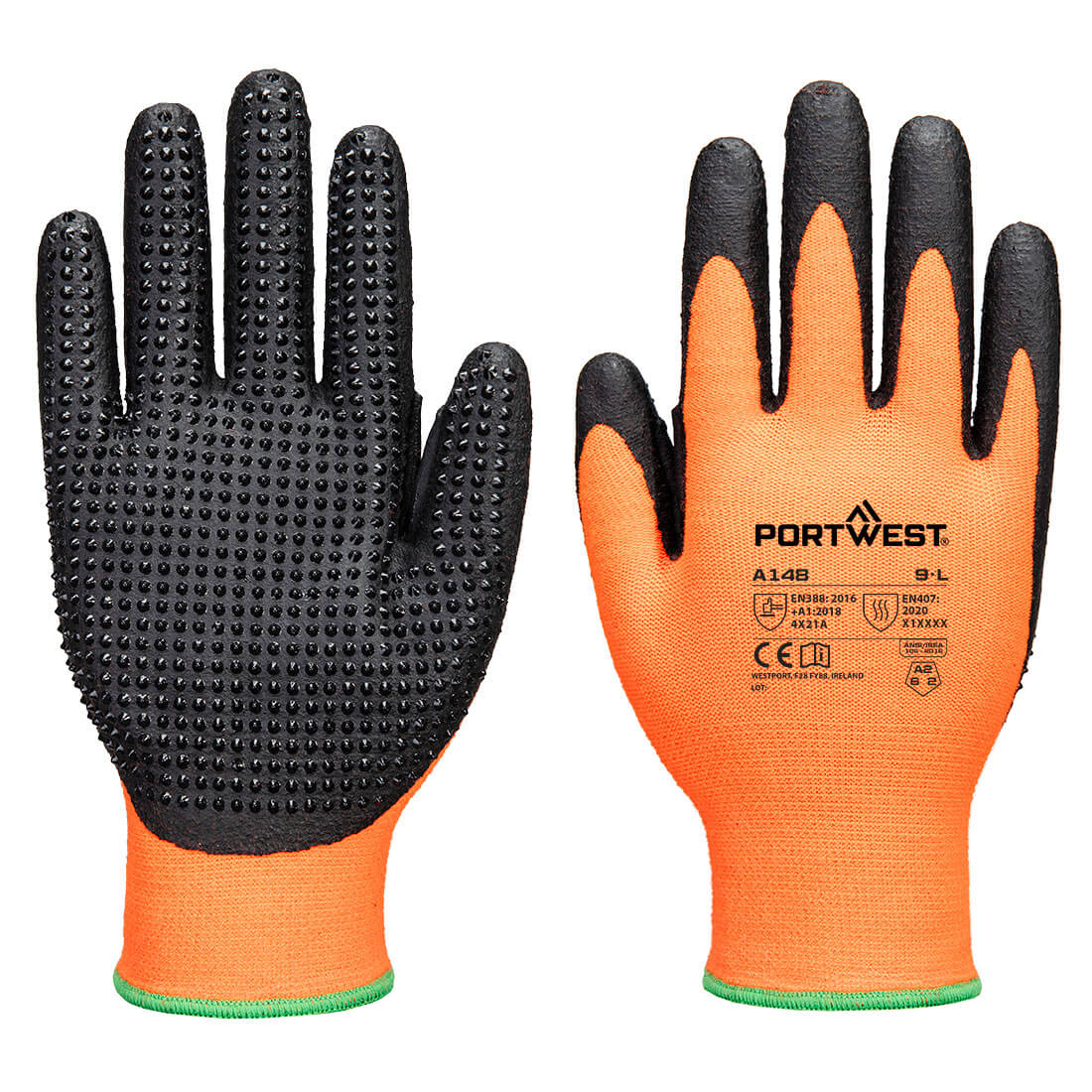 Portwest Grip 13 Nitrile High Dotted Glove - Orange/Black - 12 Pack - A148 S - Overlook Boots