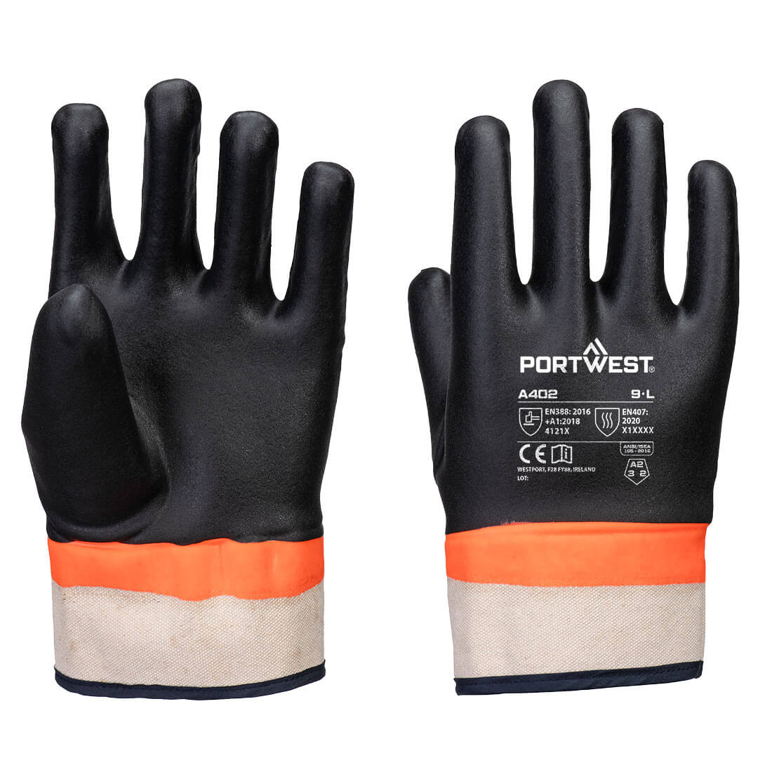 Portwest Grip PVC Sandy Double Dipped Glove - Black/Orange - 12 Pack - A402 L - Overlook Boots