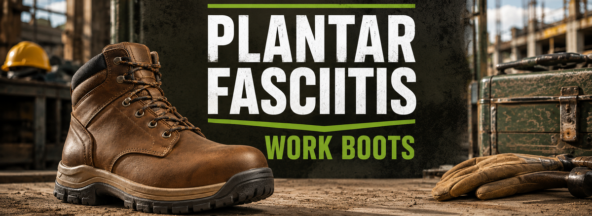 A brown leather work boot is shown on a wooden surface in an industrial setting, with large overlaid text reading 'PLANTAR FASCIITIS WORK BOOTS'. A yellow hard hat and gloves are visible in the background.
