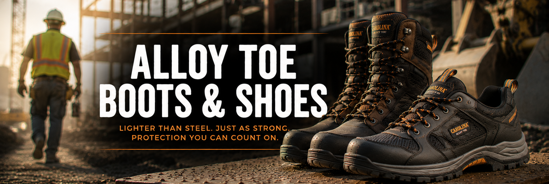 A pair of dark brown and black heavy-duty work boots and matching lace-up shoes displayed in the foreground, with a construction worker blurred in the background. Large white text reads 'ALLOY TOE BOOTS & SHOES' with smaller supporting text below.
